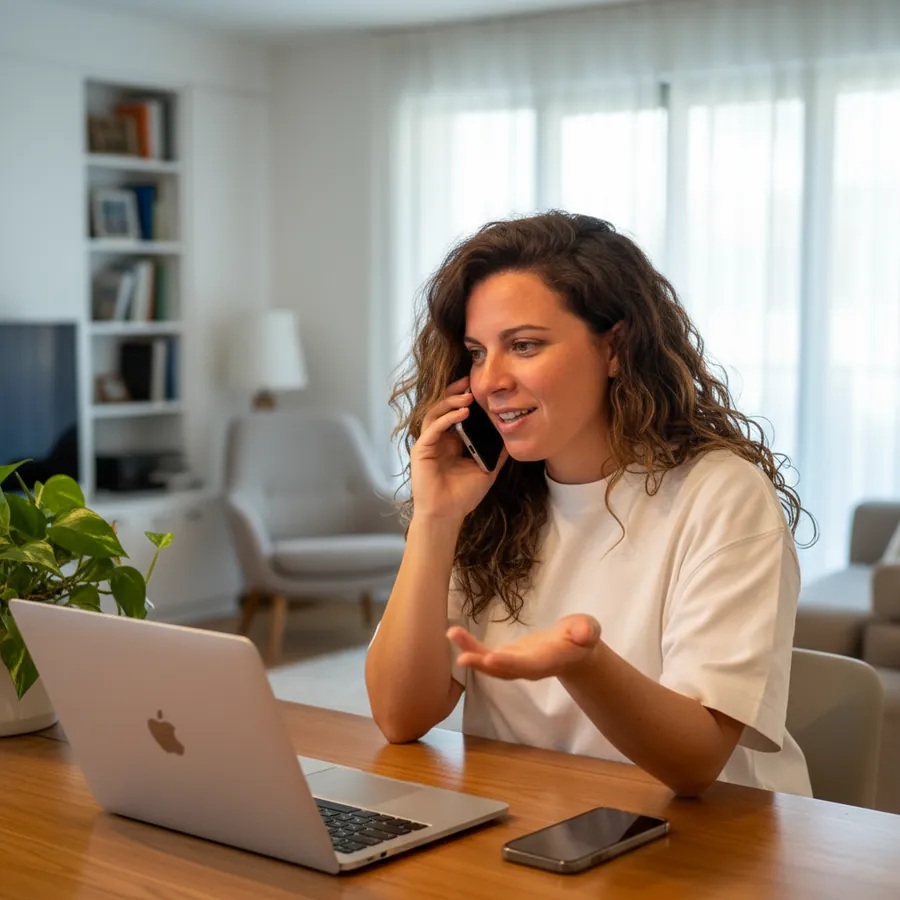 Ana Marques au téléphone, à sa table de travail devant son ordinateur portable