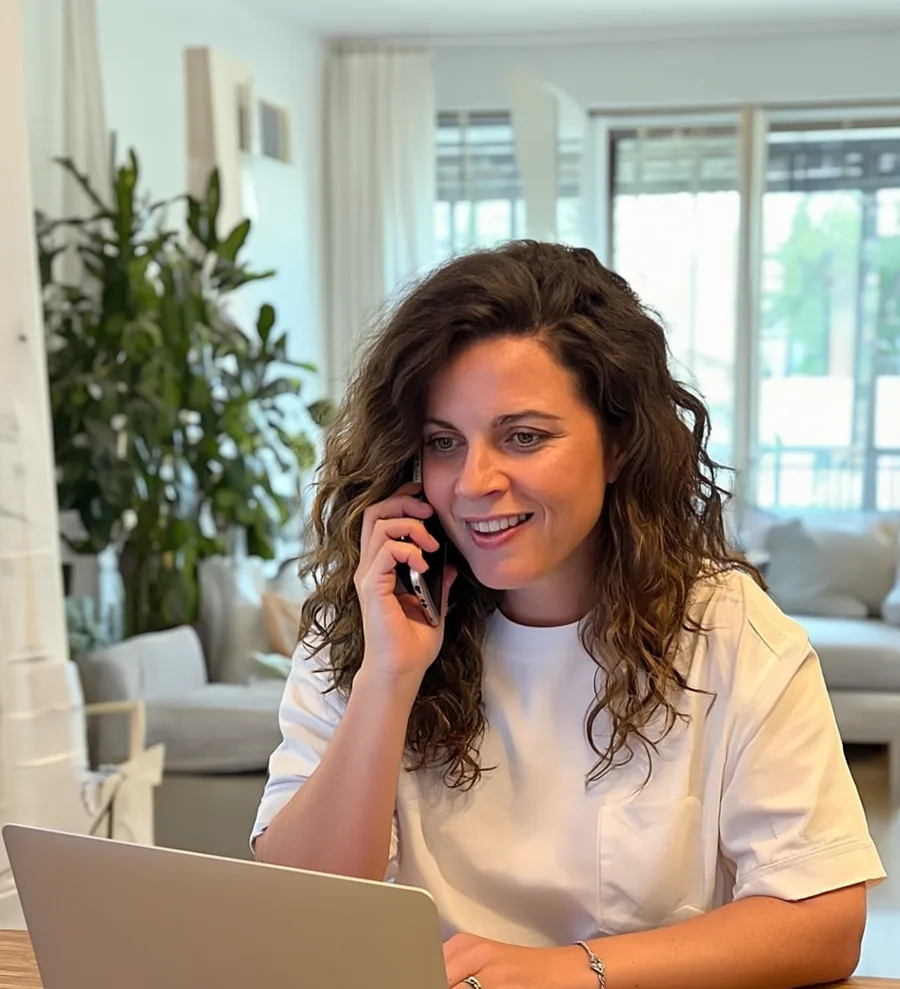 Ana Marques au téléphone, souriante, devant son ordinateur portable ouvert