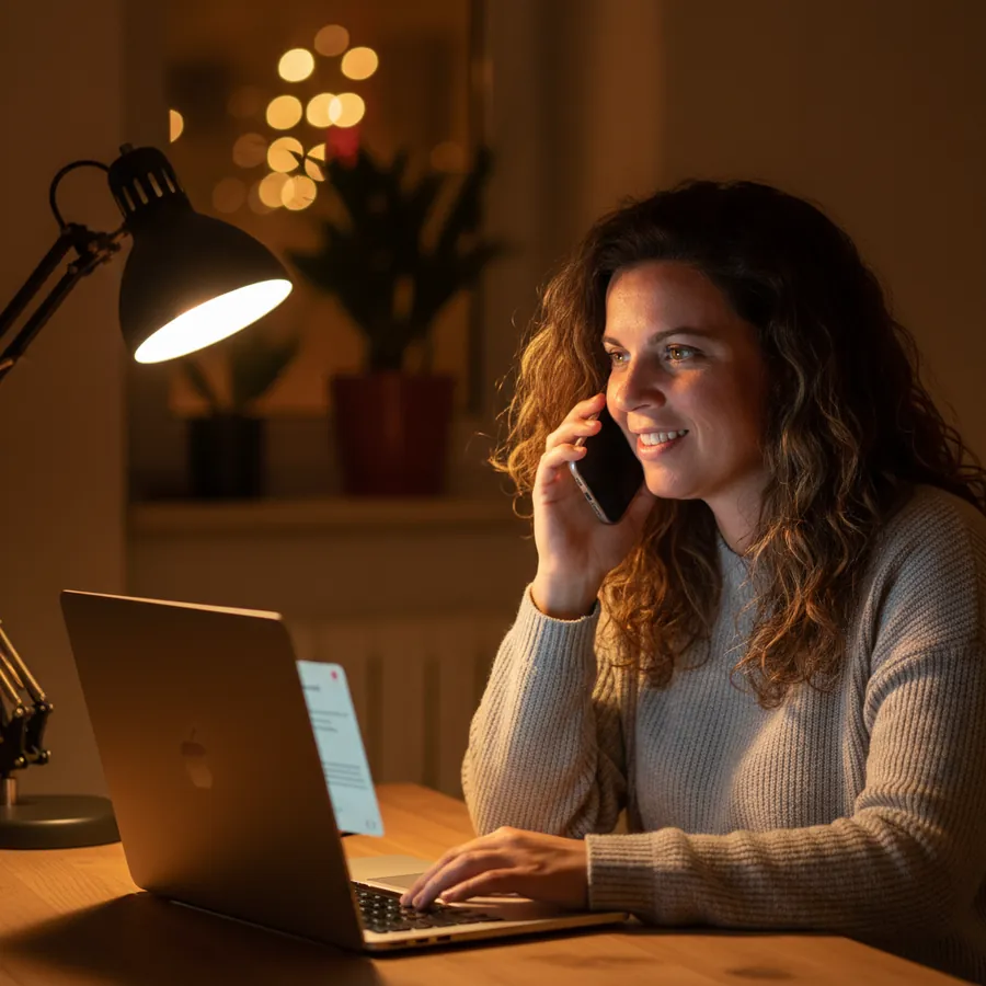 Ana Marques au téléphone en fin de journée, à la lumière d’une lampe de bureau